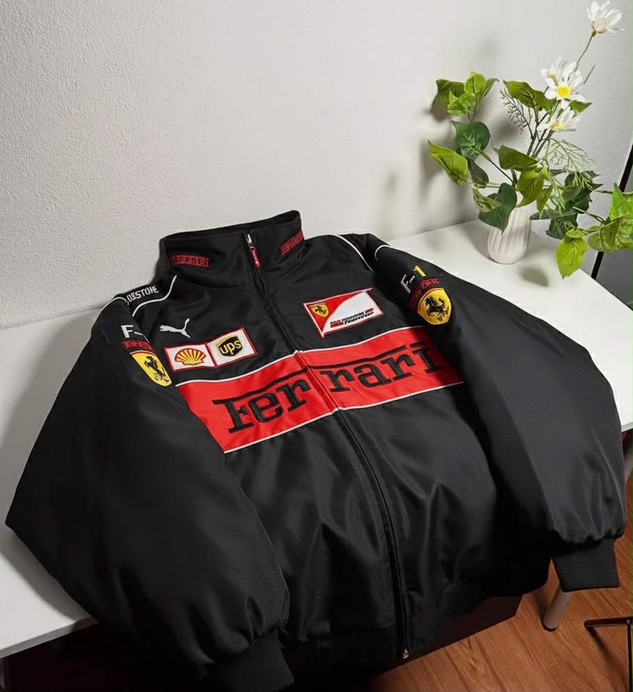 Vintage Ferrari Jacket Black Embroidered Padded - Unisex